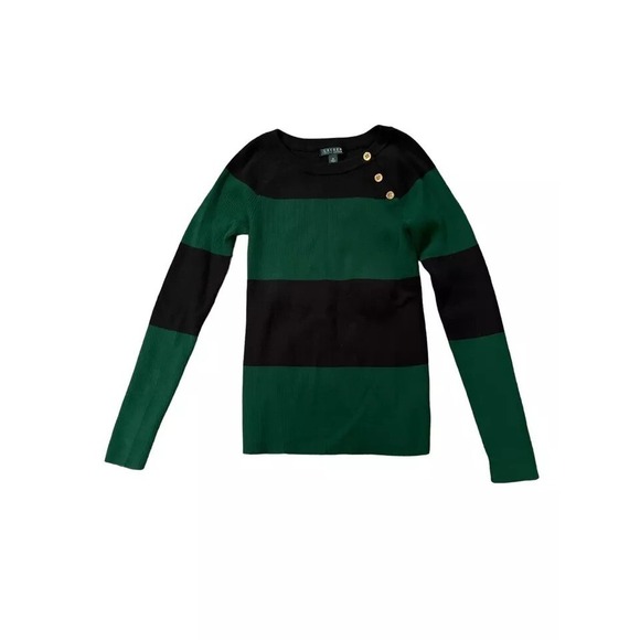 Lauren Ralph Lauren Medium Ribbed Striped Green Navy Button‎ Detail Sweater - Picture 1 of 5